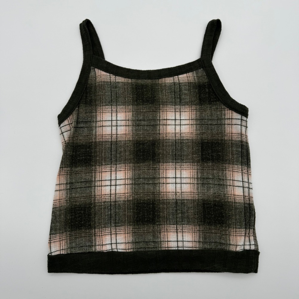 Love Fire Womens Plaid Knit Tank‎ Top Olive Green Pink Ribbed Camisole Size S